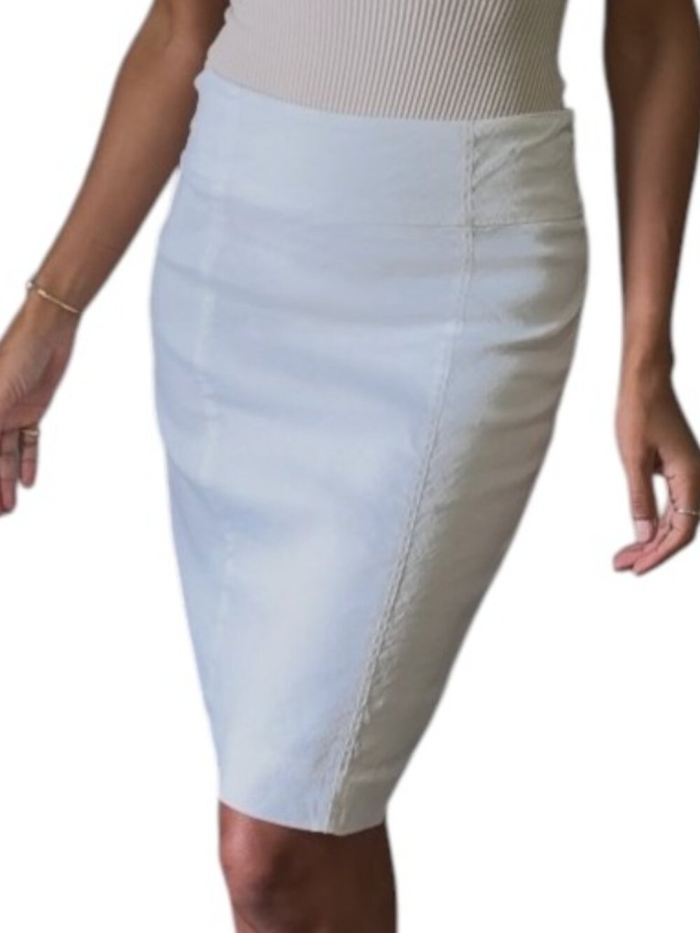 bebe White Paneled Skirt Knee Length 70% Linen Blend Stretch Size 6